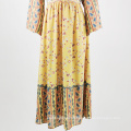 2020 Printed High Waist Dress Long Sleeve Yellow Boho Dresses For Women